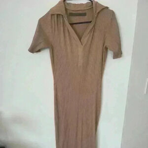 Brand New, Tan colored Enga Costa midi dress with collar. Size XS
